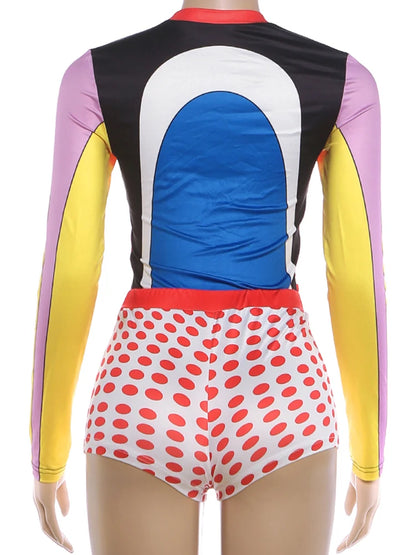 Sisterlinda Trend 2 Piece Set Women Sexy Colorful Print O-Neck Full Sleeve Patchwork T-Shirt+Polka Dot Bike Short Streetwear