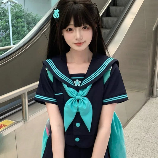 JK Uniform Sailor Suit Genuine Japanese College Style Basic Student Short-sleeved Suit Cute Role Play Short-sleeved Summer Cyan