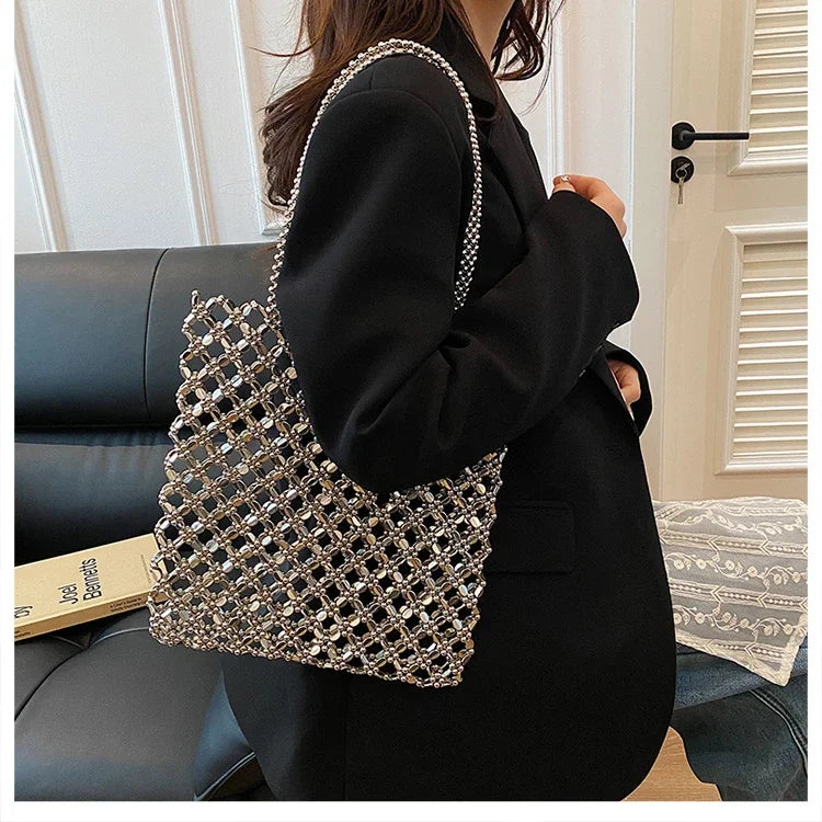 2026 Fashion Exquisite Bead Sense of Luxury Hollow Out Women‘s Handbags Hot Sale New No Zipper Acrylic Square Shoulder Bags