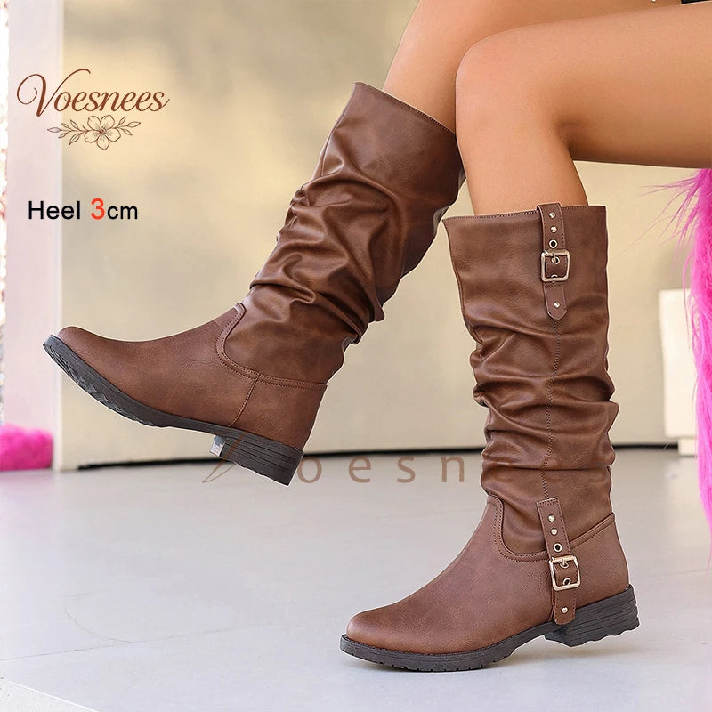 New Autumn Winter Vintage Women Knee High Boots Double Metal Buckle Thick Heels 3CM Knight Boots Casual Pull On Long Boots Shoes