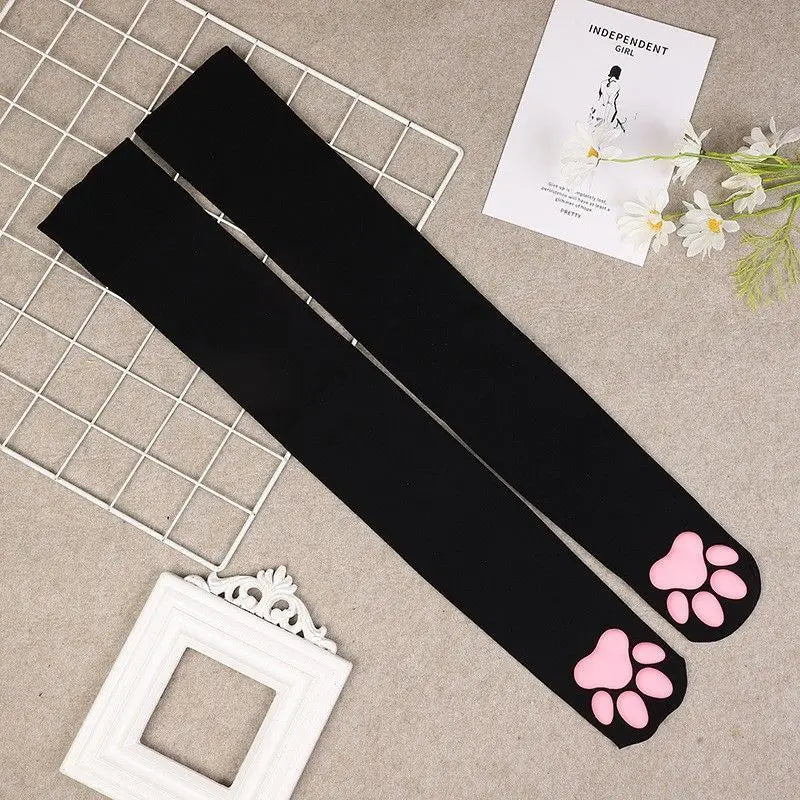 3D Cat Paw Thigh High Transparent Stockings Japanese Style Cute Pink Paw Print Sheer Tights Kawaii Lolita Cosplay Long Socks