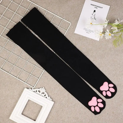 3D Cat Paw Thigh High Transparent Stockings Japanese Style Cute Pink Paw Print Sheer Tights Kawaii Lolita Cosplay Long Socks