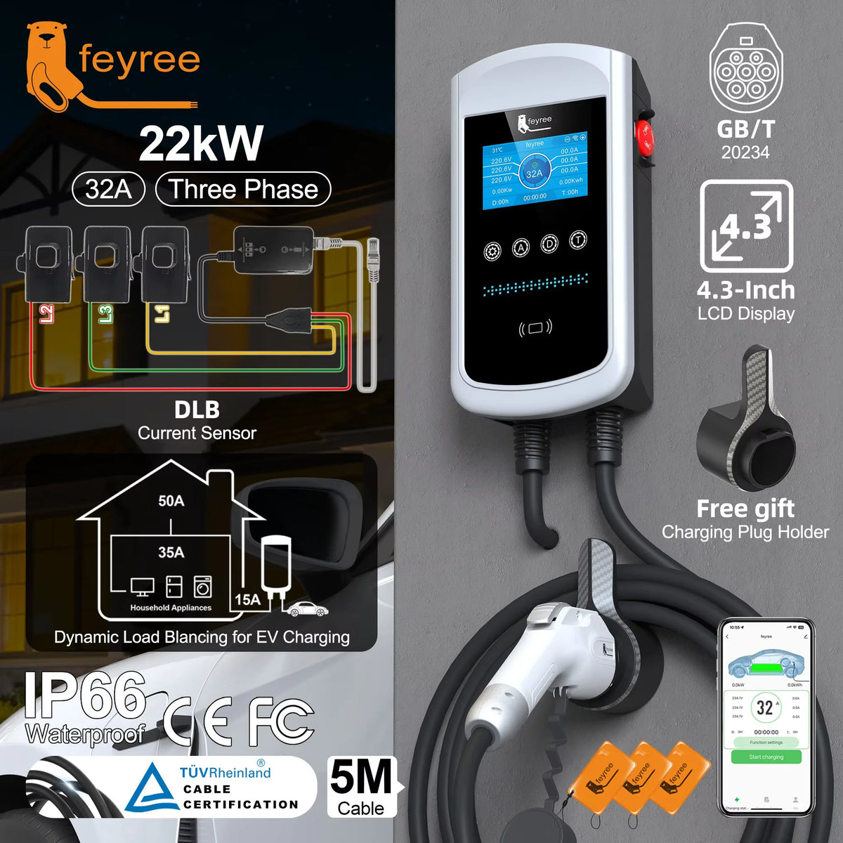 Feyree GB/T EV Charger 7.6kw 32A Dynamic Load Balancing Wallbox 4.3inch LCD Wifi APP Charging Log 11KW 22KW 3P Charging Station