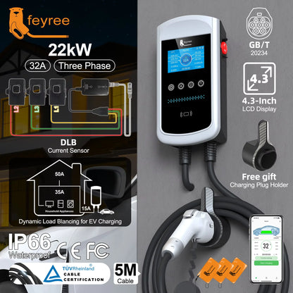 Feyree GB/T EV Charger 7.6kw 32A Dynamic Load Balancing Wallbox 4.3inch LCD Wifi APP Charging Log 11KW 22KW 3P Charging Station