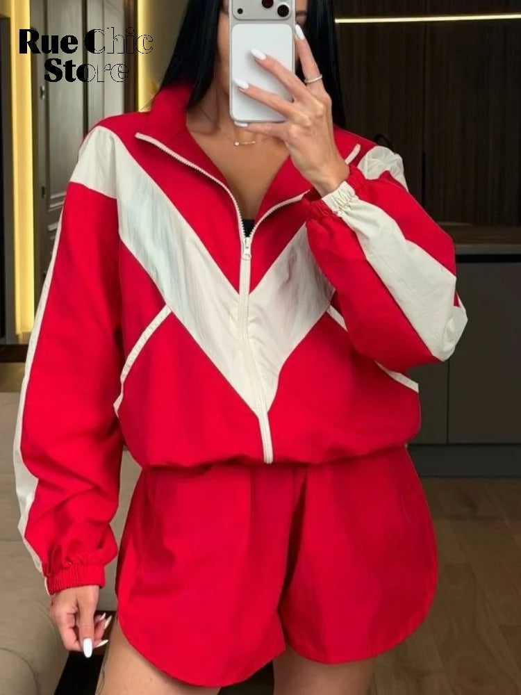 Chevron Stripe Windbreaker Tracksuit Women Casual Zip Cropped Jacket Contrast Trim Shorts Suit Lady Daily Jogging Street Outfit