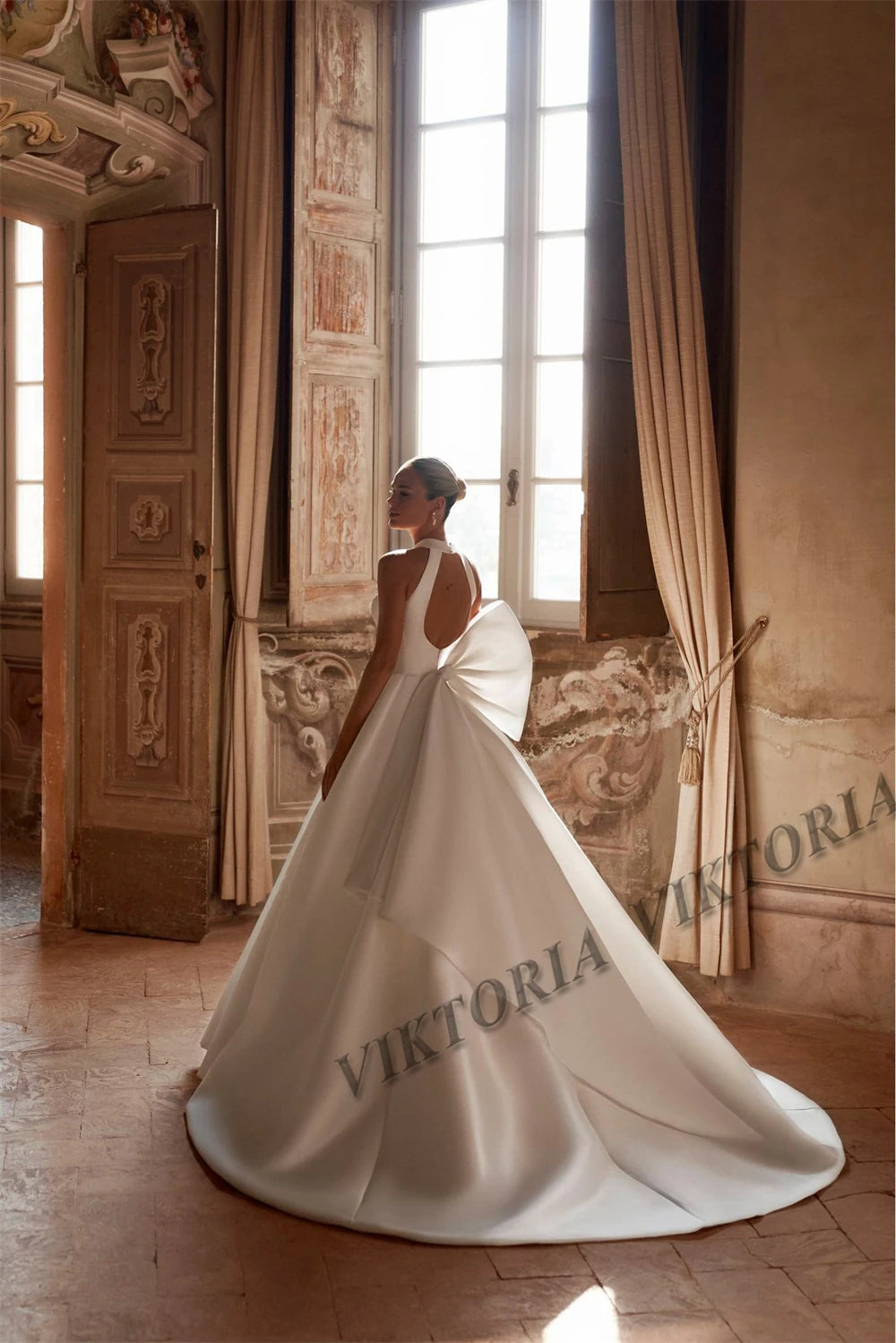 VIKTORIA Stylish Bow Wedding Dresses For Woman Bride Satin Backless Sleeveless Pleat Robe De Mariée Personalized Customized