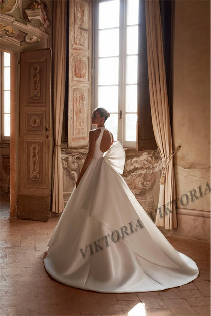 VIKTORIA Stylish Bow Wedding Dresses For Woman Bride Satin Backless Sleeveless Pleat Robe De Mariée Personalized Customized