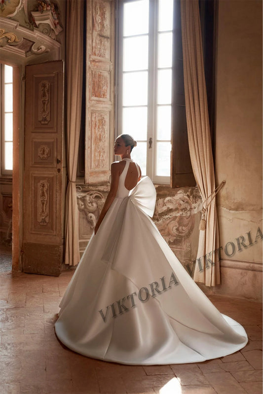 VIKTORIA Stylish Bow Wedding Dresses For Woman Bride Satin Backless Sleeveless Pleat Robe De Mariée Personalized Customized