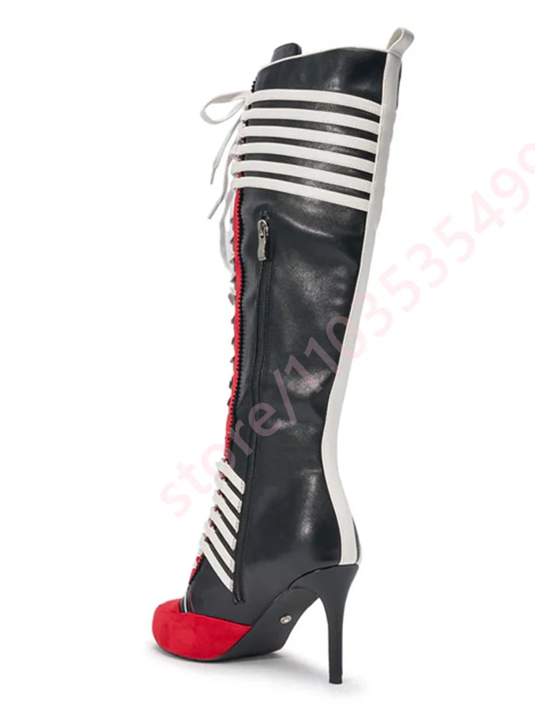 2026 New Black Red Color Block Striped Knee High Boots Women Full Lace Up Thin Stiletto High Heel Fashion Streetwear Long Boots
