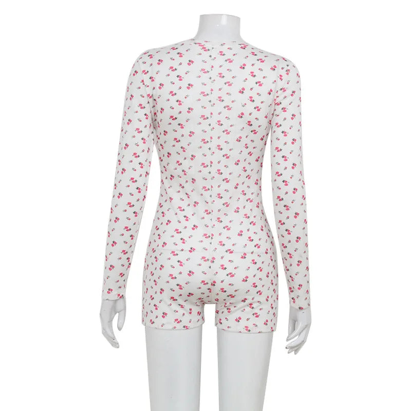 Casual Women Playsuits O-Neck Regular Long Sleeves t shirt Print Single Breasted Skinny Homewear Floral Sweet Femlae Rompers