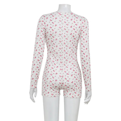 Casual Women Playsuits O-Neck Regular Long Sleeves t shirt Print Single Breasted Skinny Homewear Floral Sweet Femlae Rompers