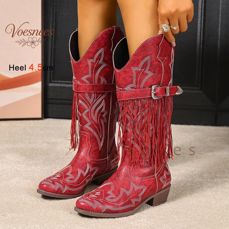 Spring Autumn Red Fringe Women's Mid Calf Boots Block Heels 4.5cm Pointed Toe Embroidery Belt Buckle Western Cowboy Boots Shoes