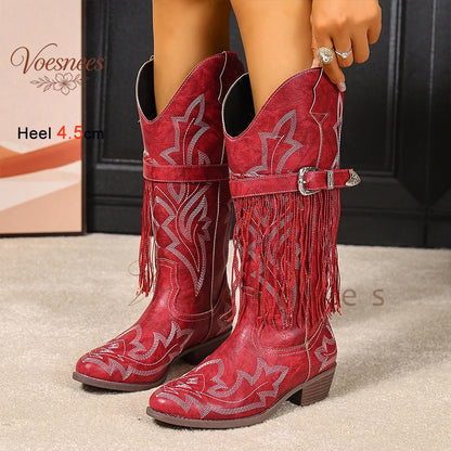 Spring Autumn Red Fringe Women's Mid Calf Boots Block Heels 4.5cm Pointed Toe Embroidery Belt Buckle Western Cowboy Boots Shoes