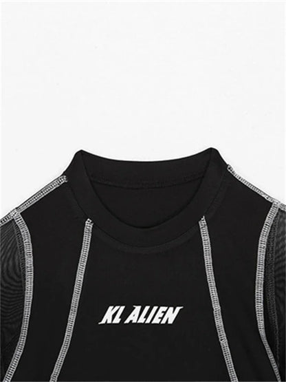 2025 Women Sexy Mesh Patchwork Letter Print Bodysuit Fashion Balck Patchwork Long Sleeve O-Neck Fitness Tops Wild Streetwear