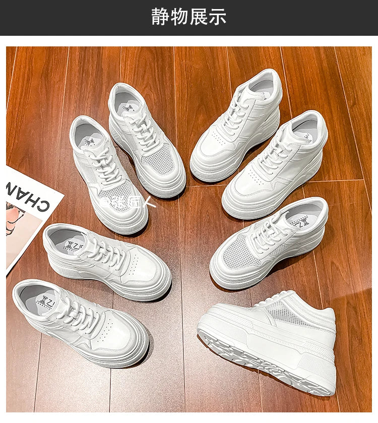 10-14cm Chunky Sneakers Women Platform Shoes Elevator Shoe White Mesh Breathable Sneakers Real Leather Increasing Shoes