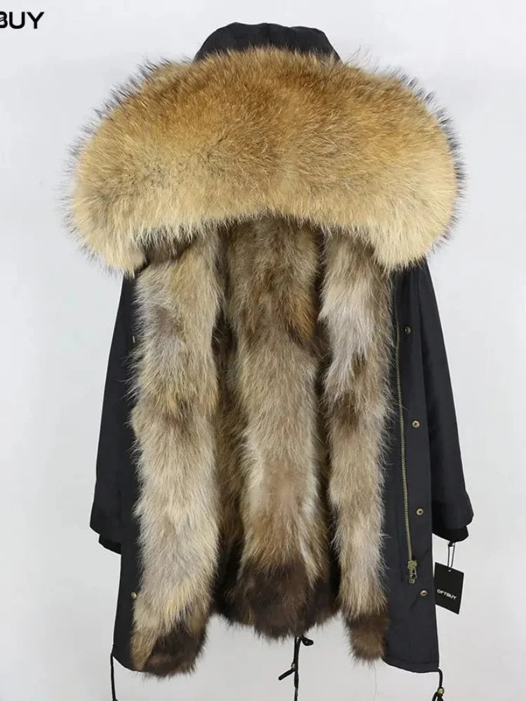 Real Fur Coat Winter Jacket Women Long Parka Waterproof Big Natural Raccoon Fur Collar Hood Thick Warm Real Fox Fur Liner coat