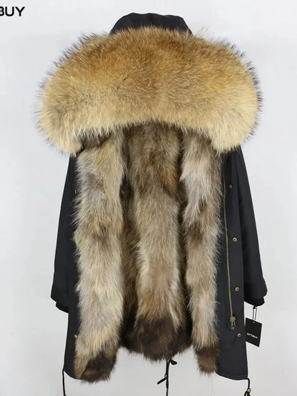 Real Fur Coat Winter Jacket Women Long Parka Waterproof Big Natural Raccoon Fur Collar Hood Thick Warm Real Fox Fur Liner coat