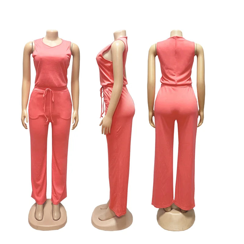 Solid Casual Jumpsuit for Women Sleeveless Drawstring High Waist One Pieces Rompers and Jumpsuits Summer Outfits Combinaison