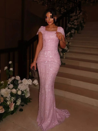 Aunber Sparkling Square Collar Modern Birthday Dress Sequins Beaded Lace Mermaid Women Party Dress Evening Prom Customized