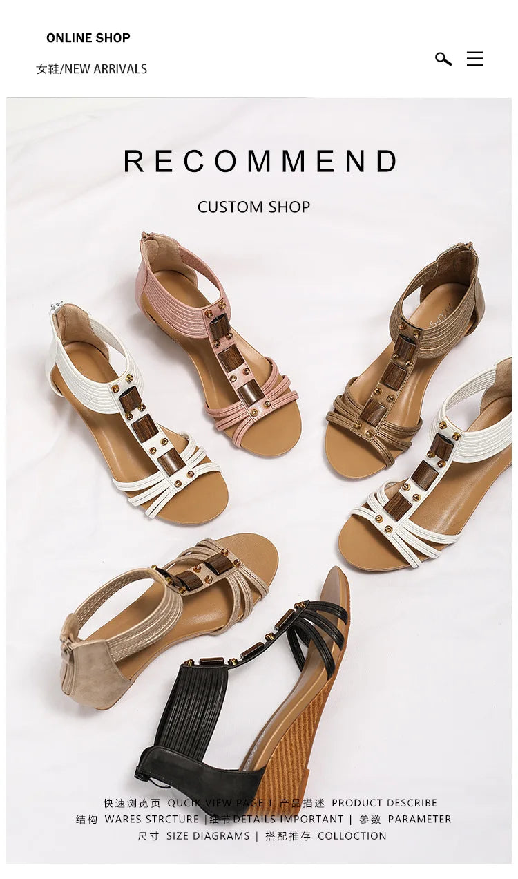 High quality leather flat sandals for women 5cm mid heel beading summer 2026 36 43 open toe casual vintage shoe pink white beige