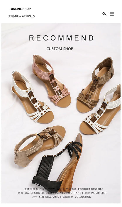 High quality leather flat sandals for women 5cm mid heel beading summer 2026 36 43 open toe casual vintage shoe pink white beige