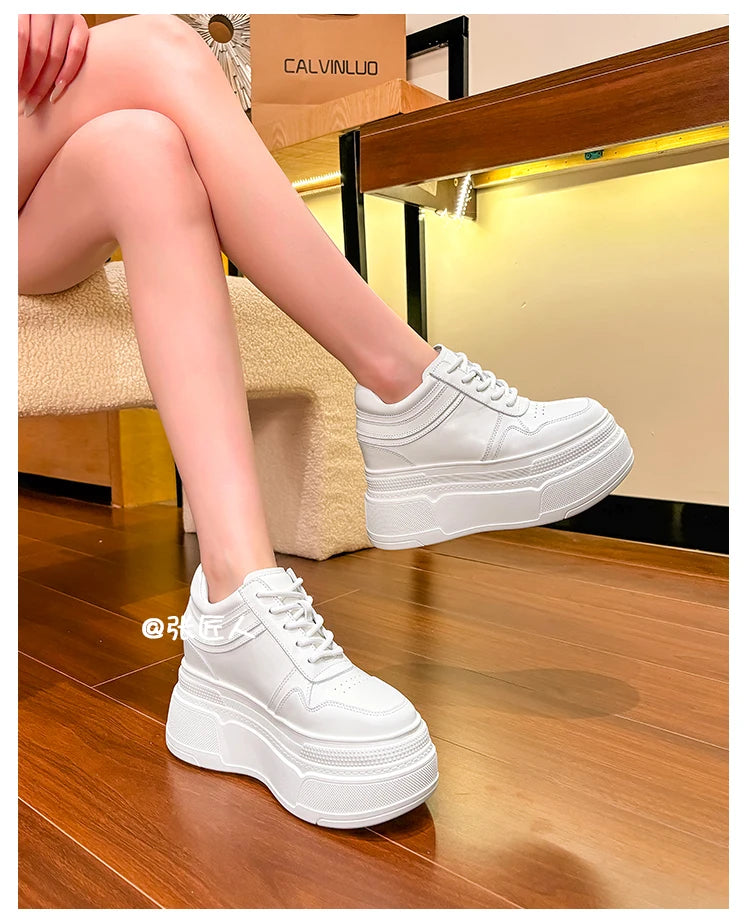 10-14cm Chunky Sneakers Women Platform Shoes Elevator Shoe White Mesh Breathable Sneakers Real Leather Increasing Shoes