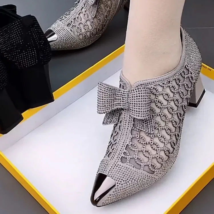 Women's Pointed Toe Sandals Luxury Breathable Mesh Bowknot Rhinestone Clear Elegant Mid-Heeled Simple Pump Shoes Mesh Sandals