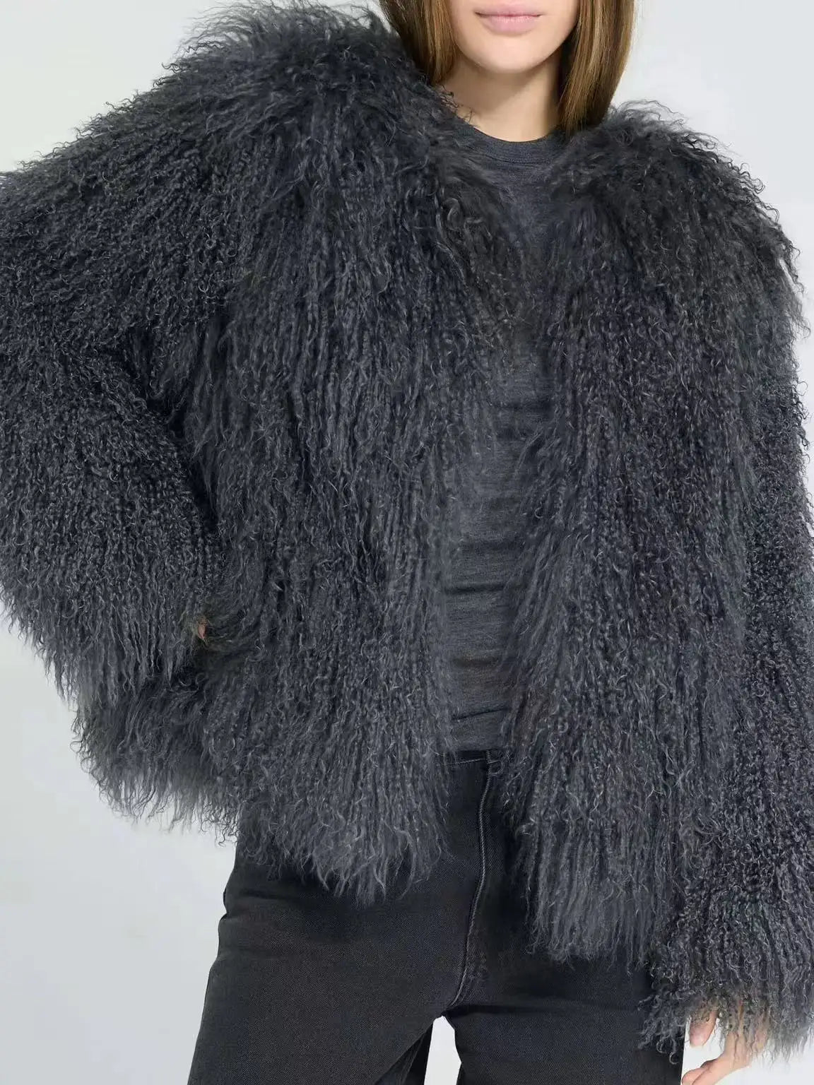 Mongolian Fur Coat Fur Jacket Women's Elegant Fluffy Solid Color Thickened Thermal Long Sleeve Coat Winter Fashion Oversized Lad