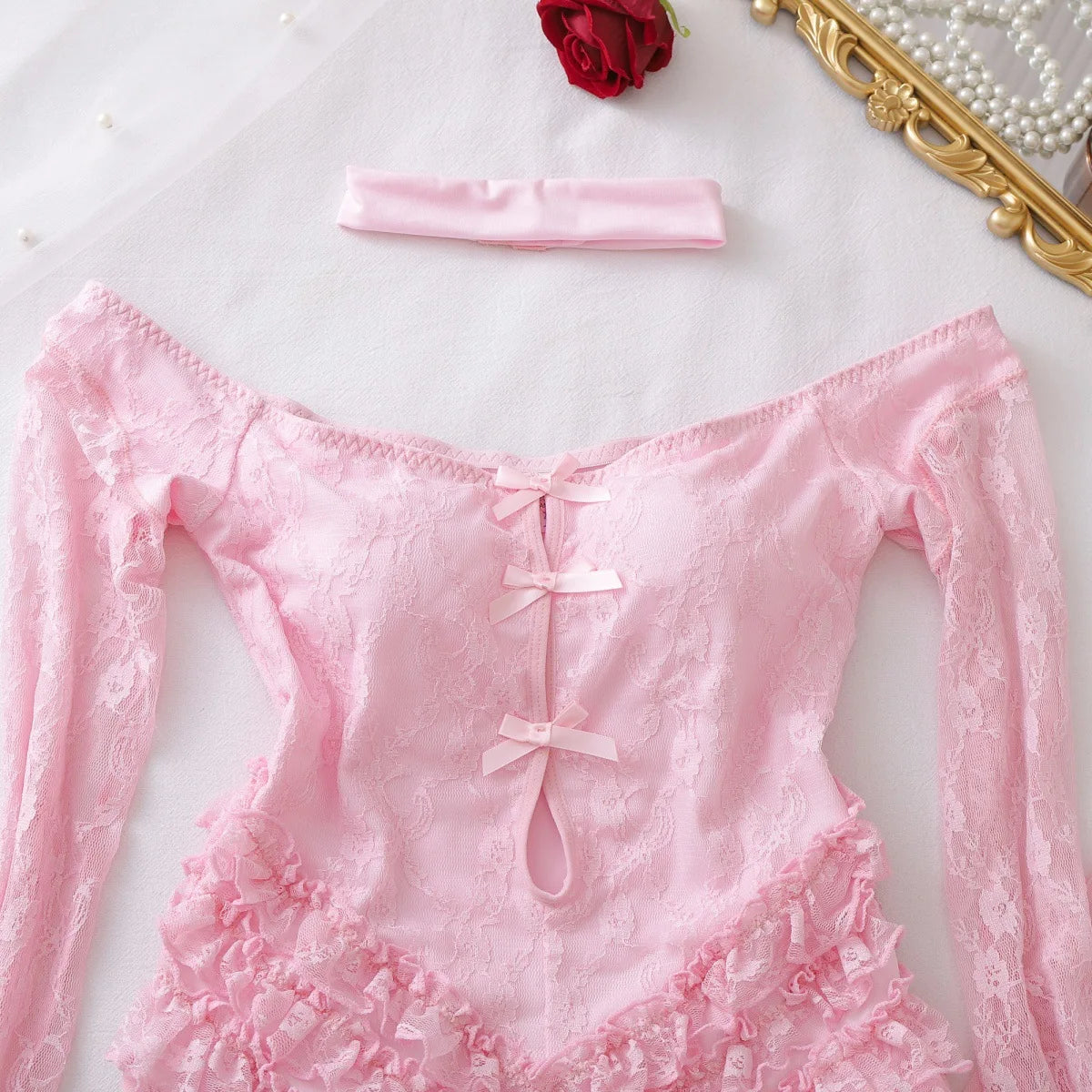 SINGREINY Off Shoulder Hotsweet Sexy Bodysuits Women Long Sleeves Ruffles Sweet Rompers Hollow Out Floral Lace Pink Playsuits