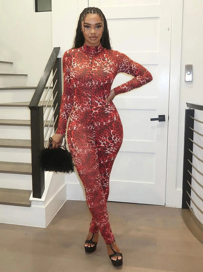 Nibber Hottie Leopard Print Jumpsuits Women Mesh Patchwork Turtleneck Backless Full Sleeve Skinny Peach Hip Hipster Overalls