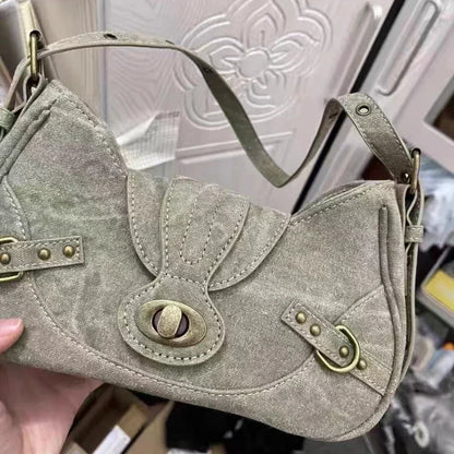 Y2k Vintage Shoulder Bag American Street Style Rivets Green Canvas Handbag Gothic Punk Biker Cool Designers Underarm Bag Handbag