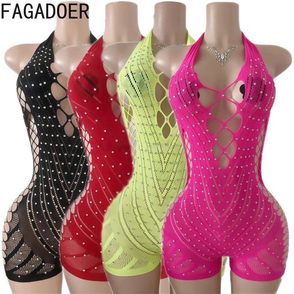 FAGADOER Sexy Hollow-out Rhinestone Patchwork Bodycon Rompers Woman Halter Sleeveless Backless Jumpsuits Female Party Clubwear