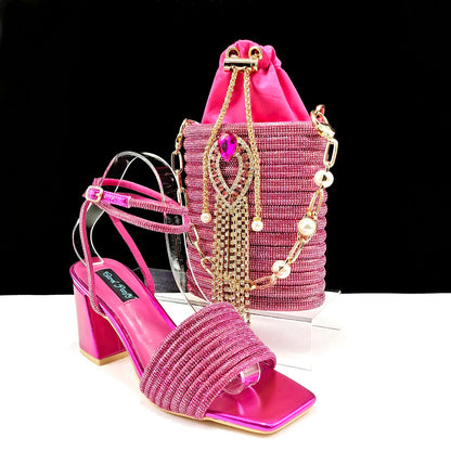Stylish And Special Olive Bright Bag Match Women's Sandals Set With Big Diamond Tassels And Long And Short Double Chains