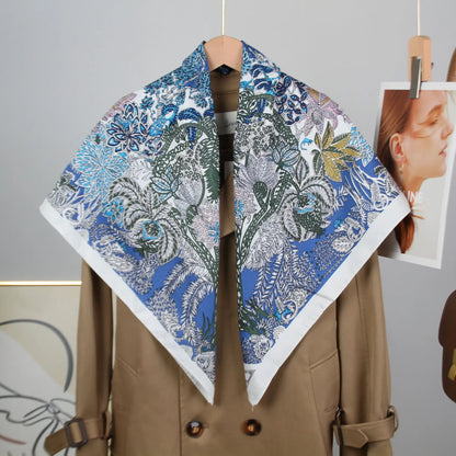 New Design Trendy Luxury Wrap Scarf, Twill Fabric Flower Print 90cm Square Scarf, High-End Silk Scarf for Women Shawl