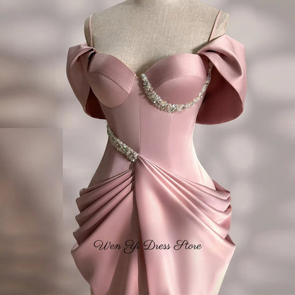 Classic Satin Evening Dress Customized Mermaid Strapless Off the Shoulder Celebrity Gowns Sparkly Crystal Homecoming Dresses