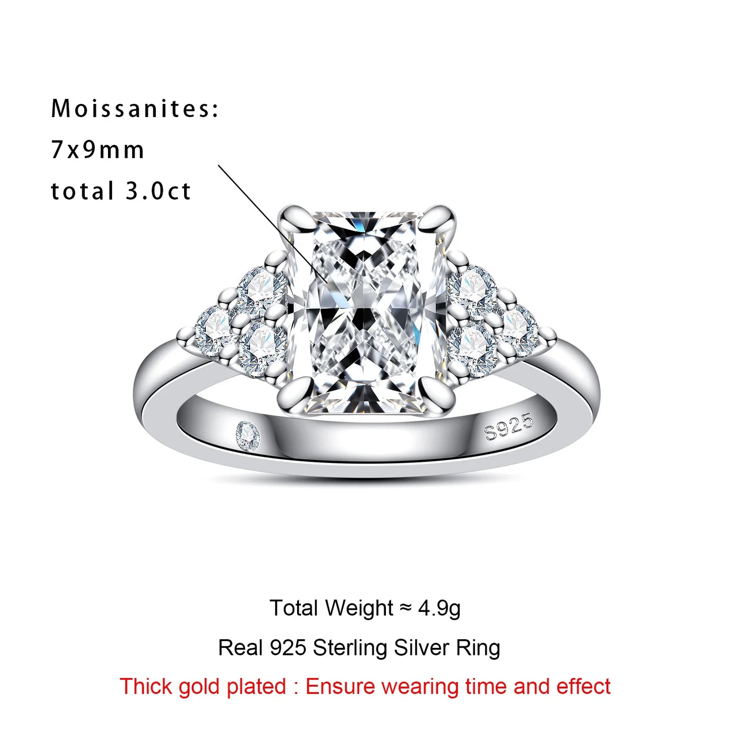 AnuJewel 3ct Radiant Cut D Color Moissanite Engagement Ring 18K Gold Plated Luxurious Wedding Ring Women Jewelry Wholesale