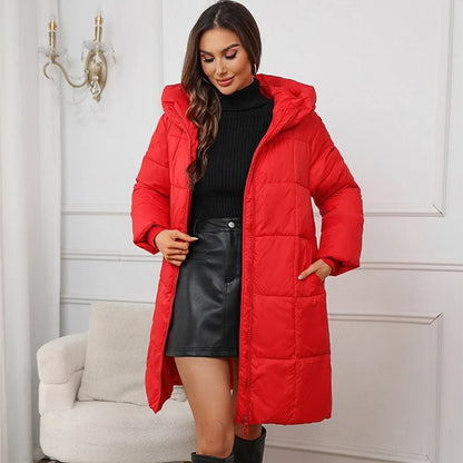 Winter Women's Long Coat Windproof Warm Padded-Cotton Coat Simple Loose Hooded Parkas Fashion Plaid Quilted Jackets for Woman