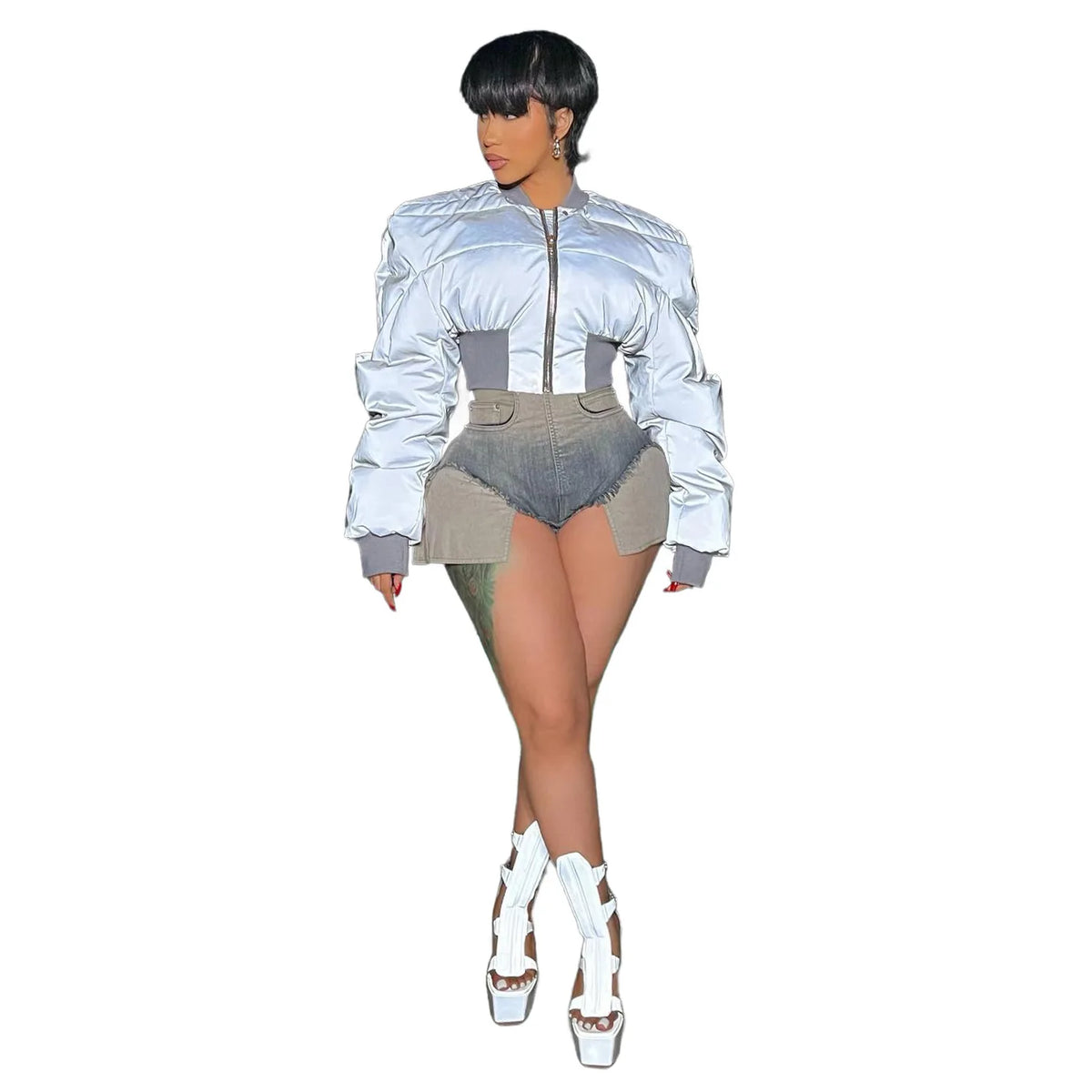Autumn Winter Cotton Jacket Women's Fashion Round Neck Long-sleeved Zipper Drawstring Waist Warm Casual Reflective Cotton Jacket