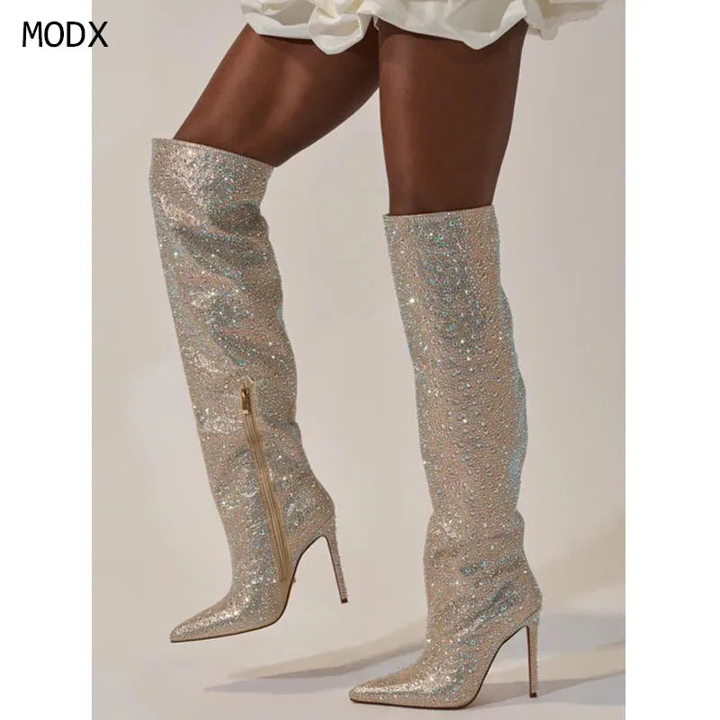 2026 New Glitter Heels Crystal Knee High Woman Long Boots Bling Rhinestone Knight Boots Sexy Pointed Toe Shinning Lady Boots