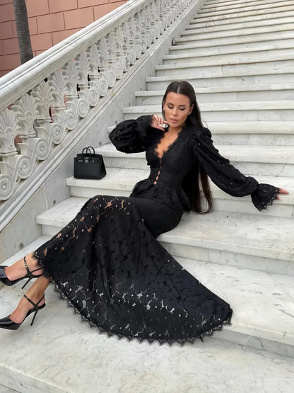 Delicate Lace V-Neck Flare Sleeve Peplum Top High Waist Mermaid Hem 2026 Spring Elegant Women Trendy Retro Sophisticated Co-Ord