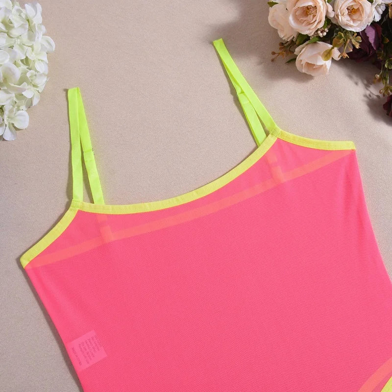 Sexy Lingerie for Woman Neon Pink Sheer Mesh Bodysuit Slimming Body Spaghetti Strap One Piece Lingerie Teddy Sleeveless Jumpsuit