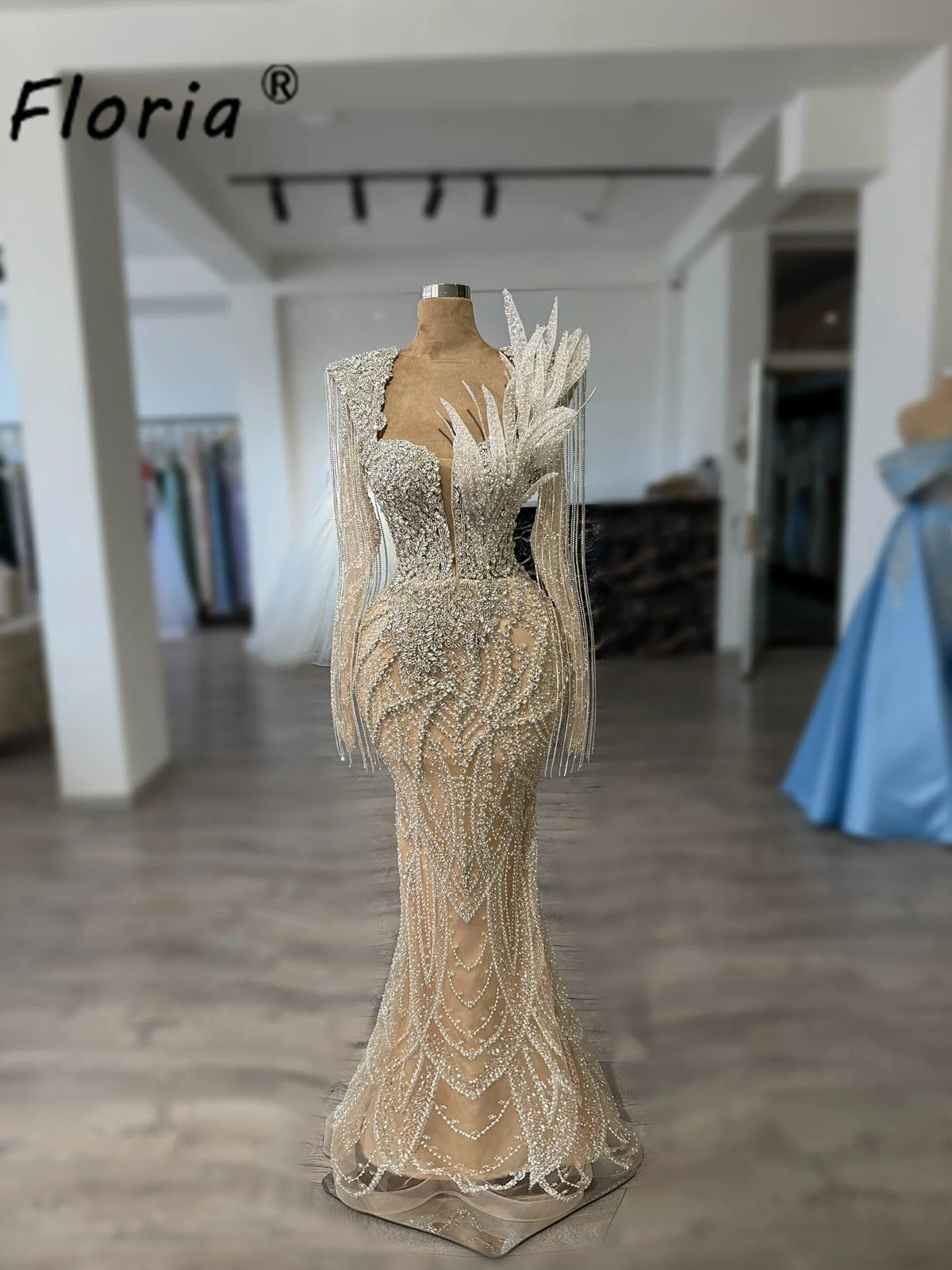 Nude Mermaid Evening Dress Women Sweetheart Neck Long Tassel Sleeve Rhinestone Gown 3D Feather Formal Prom Dress African Wedding