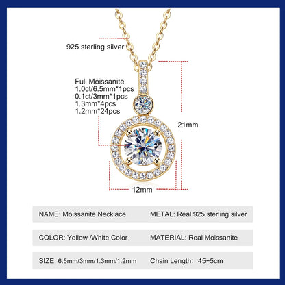 925 Silver Full Moissanite Pendant Necklace Certified 6.5mm D Color Lab Created Diamond Necklace for Women Quality Jewelry Gift