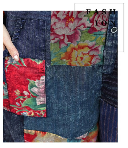 Unique Design Vintage-style Patchwork Large Floral Print Jumpsuit Women Summer Loose Casual Romper LX6155