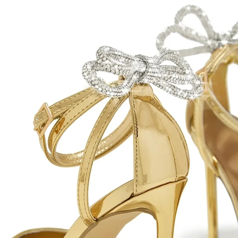 Gold Metallic Leather Pointed Toe High Heel Pumps For Women Back Crystal Bowtie Butterlfy Ankle Strap Runway Shoes Thin Heels