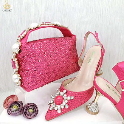 QSGFC 2026 New Fashion Purple Sandals Sequins Rhinestone Point Toe High Heels Slingback Women's Dress Women's Shoes & Bag Set
