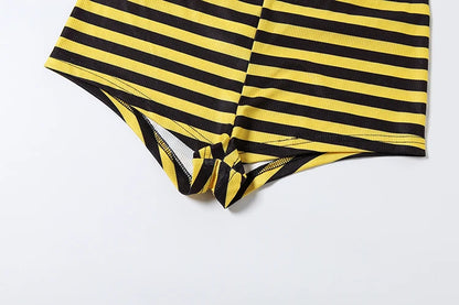 Nibber Bikini Suit Woman Stripe Patchwork Lace-Up Halter Bra Tops+Low-Neck Short Sleeve T-Shirt+Mini Shorts Sexy 3 Piece Set