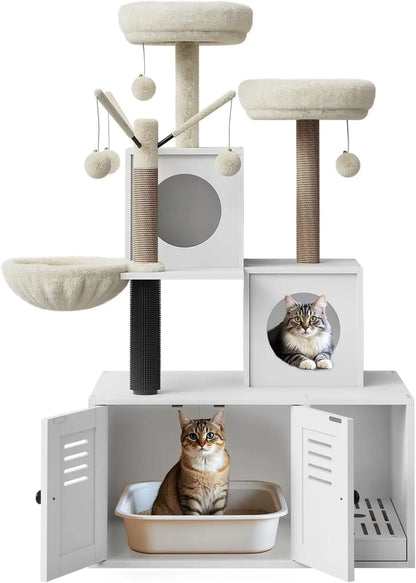 Garvee Large Cat Tree and Tower for Indoor Cats With Hidden Washroom Cabinet,Post,Perch&Brush Spacious Hammock Padded Perches and Condos Cat Toys