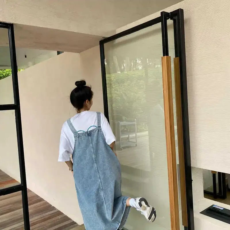 Korean style Denim Overall Dress Women Sleeveless Jeans Dresses Female Solid Slip Casual Loose Spaghetti Strap Dresses