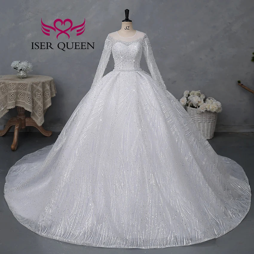 Customized Sheer Neck Long Sleeves Wedding Dress 2026 New Fashion Pearls And Crystal Beaded Luxury Wedding Dress Bride WX0467
